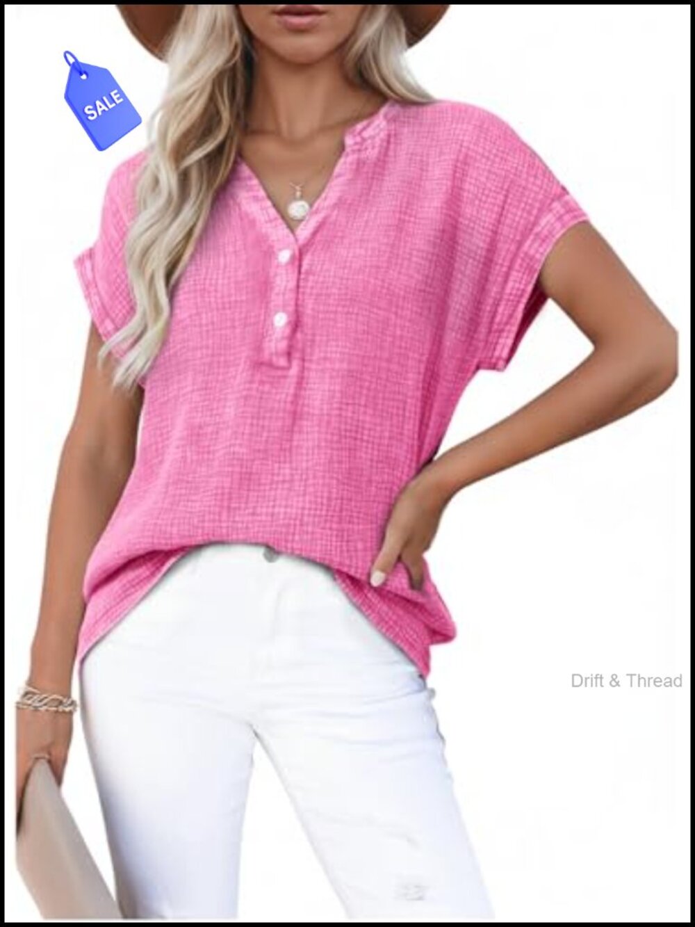 Women's Boho V-Neck Button Down Cotton Blouse Short Sleeve Loose Fit Summer Top